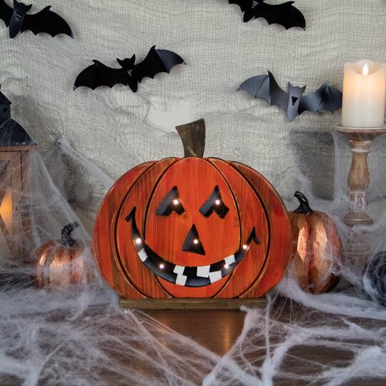 13" LED Lighted Jack-O-Lantern Wooden Halloween Decoration